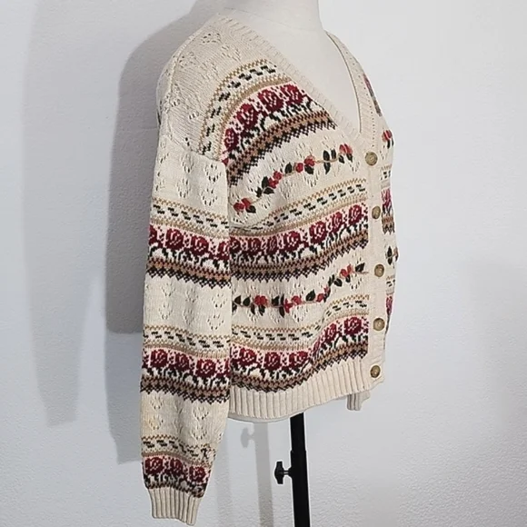 American Vintage Cardigan Cotton Blend Grannycore Floral by BUGC Cream Size L - Picture 8 of 14